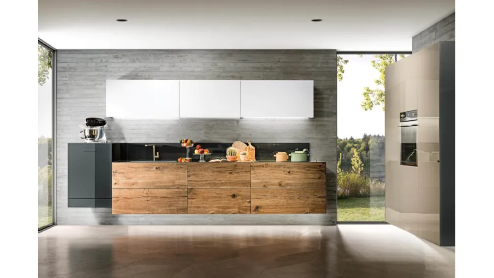 Cucina Design lineare sospesa 36e8 Wildwood 04 in legno di Rovere centenario e vetro laccato di Lago
