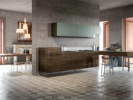 Cucina Design sospesa con penisola 36e8 Wildwood 05 in legno di Rovere con top e pensili in vetro laccato di Lago