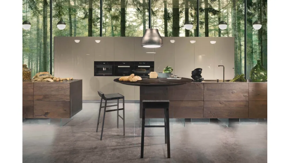 Cucina Design Air in legno con penisola in Marble XGlass Marquina di Lago