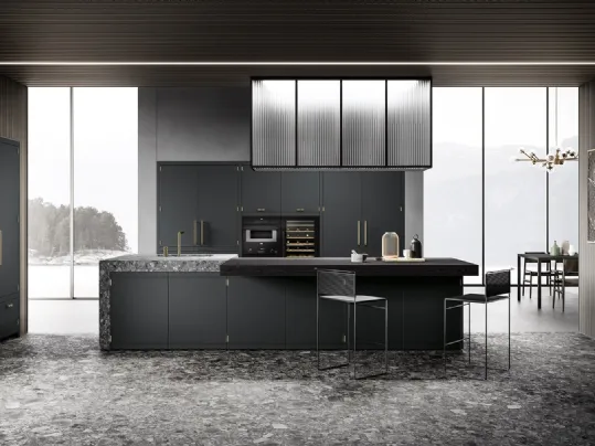 Cucina Design lineare in laccato opaco grigio e finiture in ottone Anuba di Miton