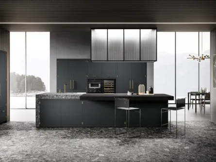 Cucina Design lineare in laccato opaco grigio e finiture in ottone Anuba di Miton