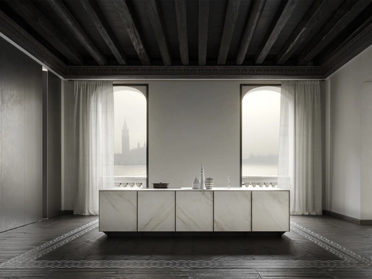 Cucina Design a isola in marmo con profili in noce Frame Lab di Modulnova