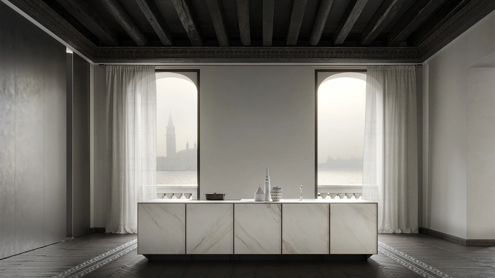 Cucina Design a isola in marmo con profili in noce Frame Lab di Modulnova