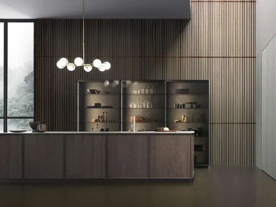 Cucina Design con isola Frame finitura impiallacciato Rovere Brown con top in Gres Stone Grey di Modulnova