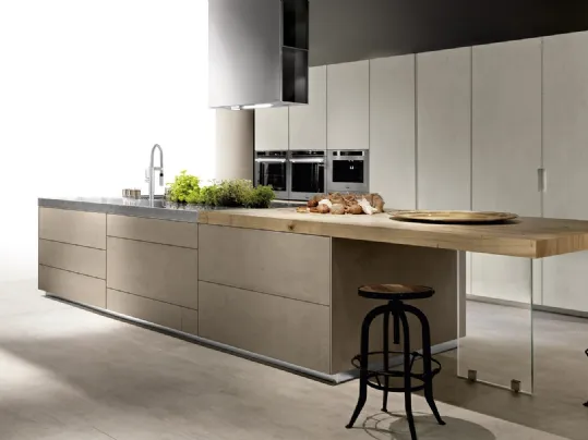 Cucina Design lineare in laminato finitura cemento, legno e acciaio Limha Cemento di Miton