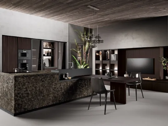 Cucina Design in laminato pietra e bilaminato rovere mogano con penisola Menta 01 di Miton
