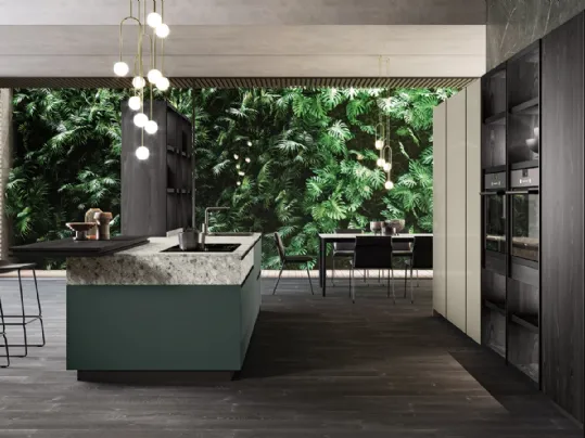Cucina Design lineare in laccato opaco e laminato pietra Menta 02 di Miton