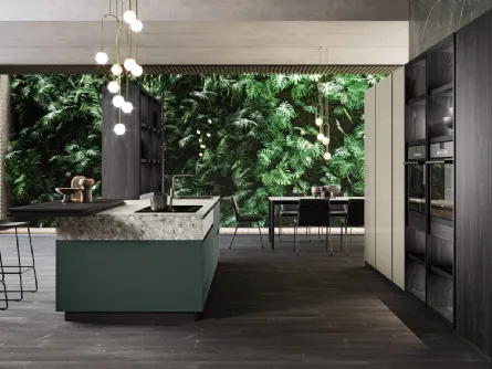 Cucina Design lineare in laccato opaco e laminato pietra Menta 02 di Miton