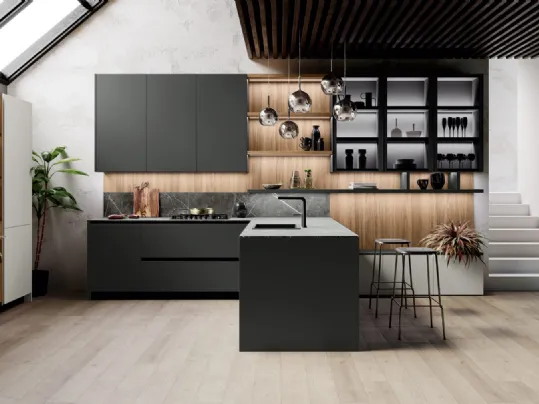 Cucina Design angolare in laccato opaco grigio e top in gres Menta 03 di Miton