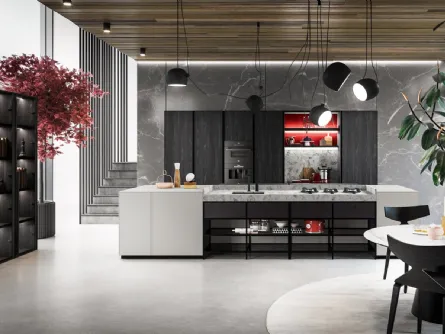 Cucina Design lineare in laminato, alluminio, bilaminato rovere e top in quarzo opaco Menta di Miton