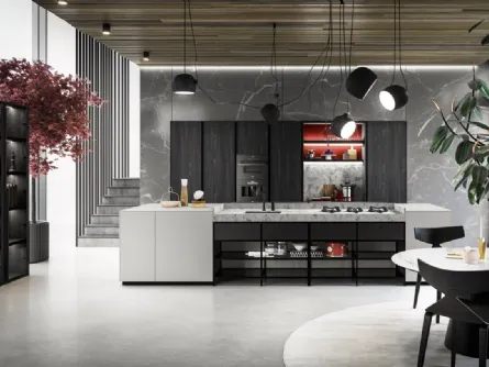 Cucina Design lineare Menta in laminato Fenix finitura Grigio Efeso con top in Quarzo opaco di Miton