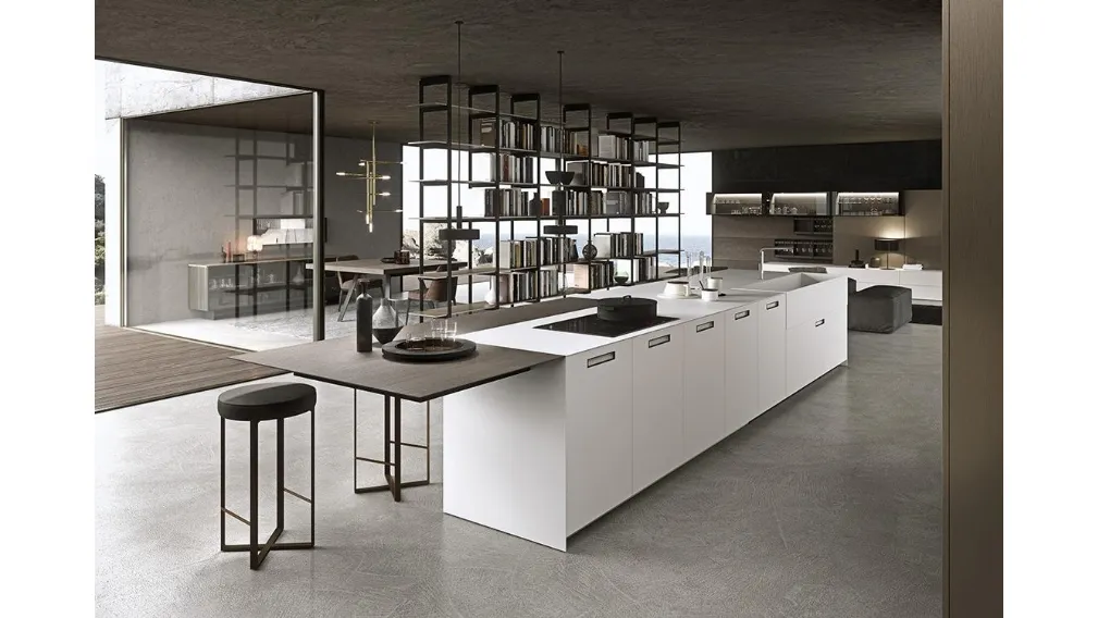 Cucina Design MH6 con isola in laccato Bianco satinato e piano snack impiallacciato Eucalipto di Modulnova