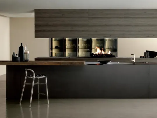 Cucina Design con isola MH6 in melaminico Lava e top in laminato con penisola in legno invecchiato di Abete Nero di Modulnova