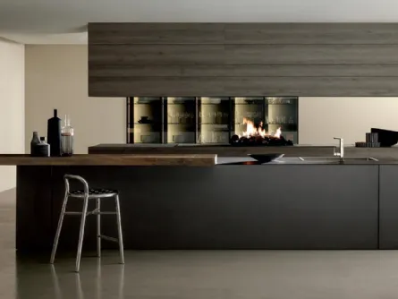 Cucina Design con isola MH6 in melaminico Lava e top in laminato con penisola in legno invecchiato di Abete Nero di Modulnova