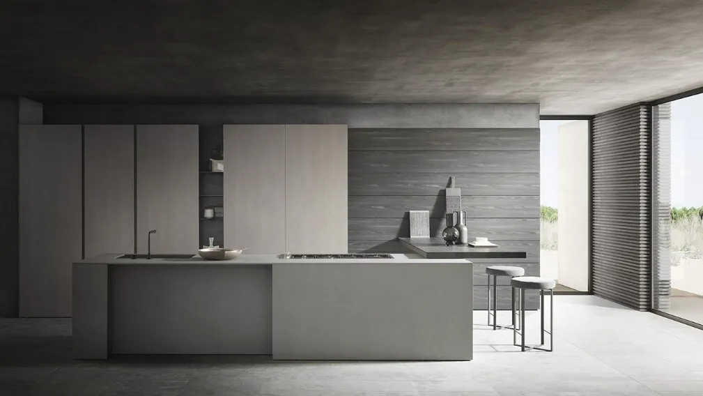 Cucina Design MH6 finitura Milltech Marna con top e penisola in laminato di Modulnova