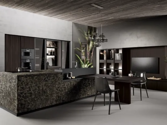 Cucina Design in laminato pietra e bilaminato rovere mogano con penisola Menta 01 di Miton