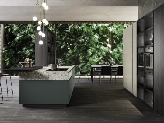 Cucina Design lineare in laccato opaco e laminato pietra Menta 02 di Miton