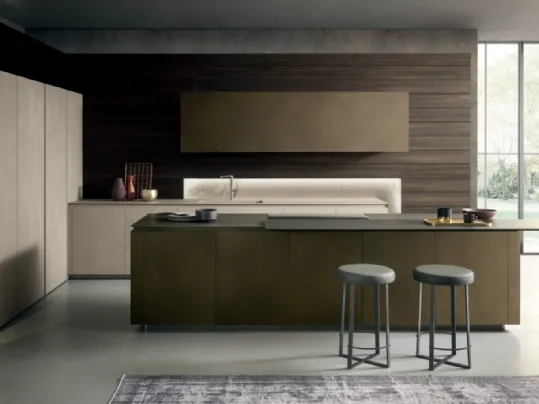 Cucina Design con isola Skill finitura milltech Riace e Argilla con top in laminato Riace e Argilla di Modulnova