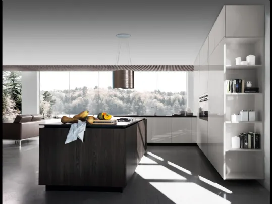 Cucina Design in laccato lucido con isola in legno e top in acciaio Sincro Glossy di Miton