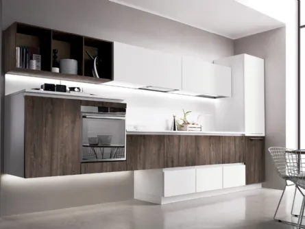 Cucina Design lineare in legno e laccato opaco bianco Sincro Wood di Miton