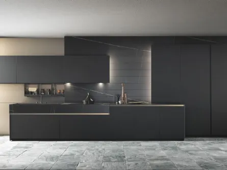 Cucina Design lineare Skill in laccato super matt Black Grey con top in Gres Sahara Noir Azalai di Modulnova