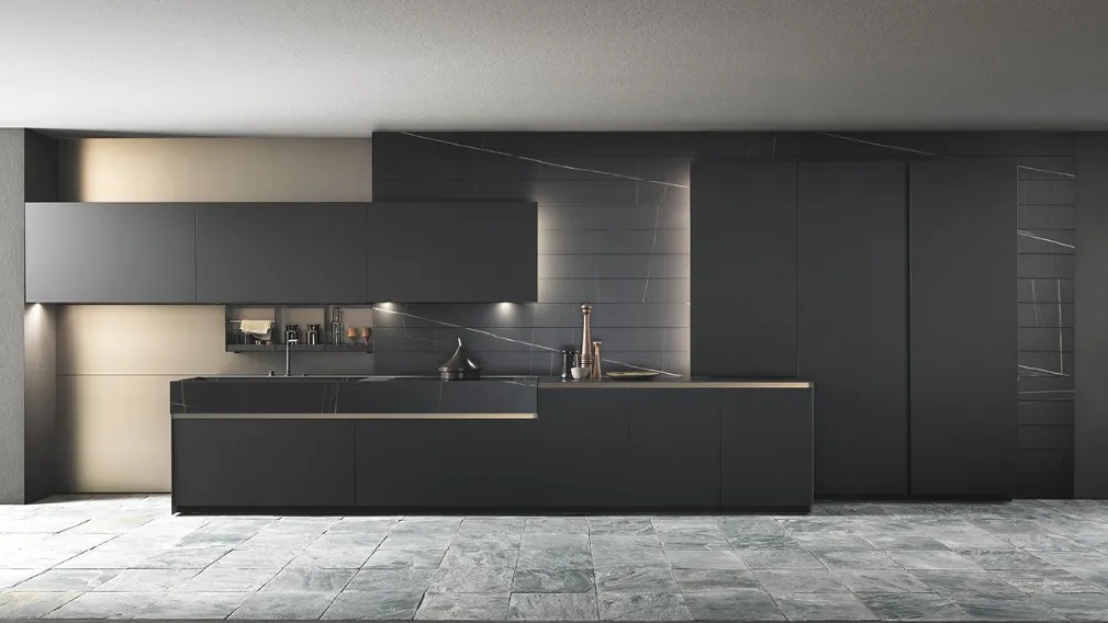 Cucina Design lineare Skill in laccato super matt Black Grey con top in Gres Sahara Noir Azalai di Modulnova