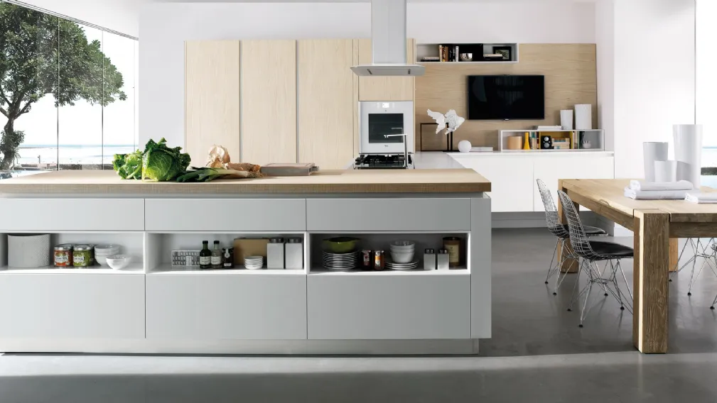 Cucina su misura angolare in laccato bianco opaco e legno Limha Matt di Miton