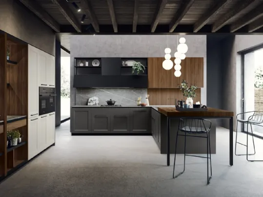 Cucina su misura in laccato opaco finitura antracite ad angolo con top in gres e penisola in Noce Canaletto Talia di Miton