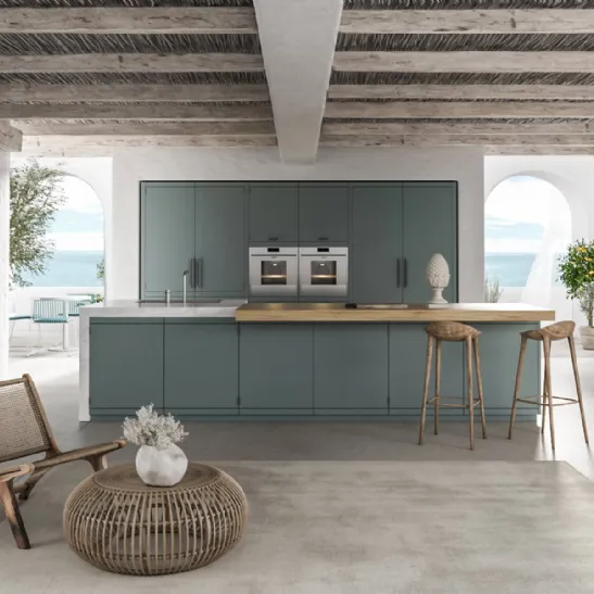 Cucina su misura con isola in vetro opaco finitura nero e bilaminato legno Rovere Tilo 2|0 di  Miton