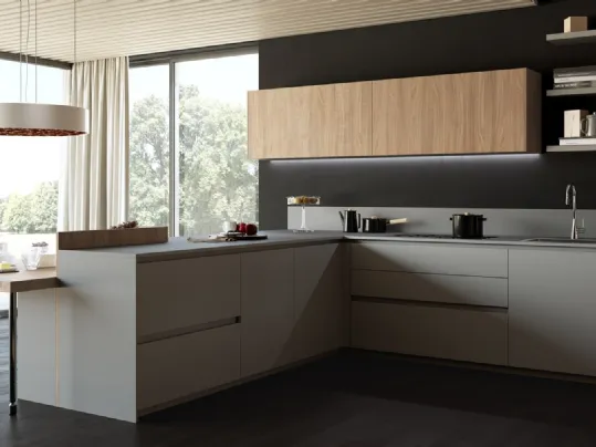 Cucina Design angolare in laminato HPL e in bilaminato legno in finitura Noce Menta 06 di Miton