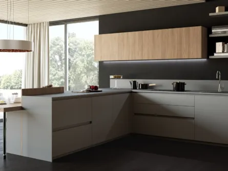 Cucina Design angolare in laminato HPL e in bilaminato legno in finitura Noce Menta 06 di Miton