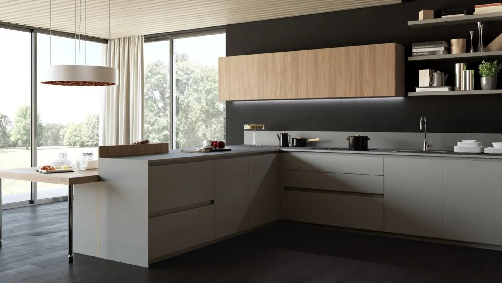 Cucina Design angolare in laminato HPL e in bilaminato legno in finitura Noce Menta 06 di Miton