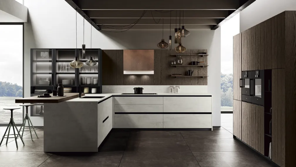 Cucina angolare in bilaminato cemento Menta 05 di Miton