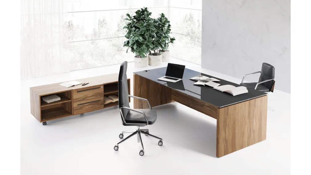 Scrivania Direzionale Ufficio Eos in Rovere Naturale con Top Vetro Nero di Las Mobili