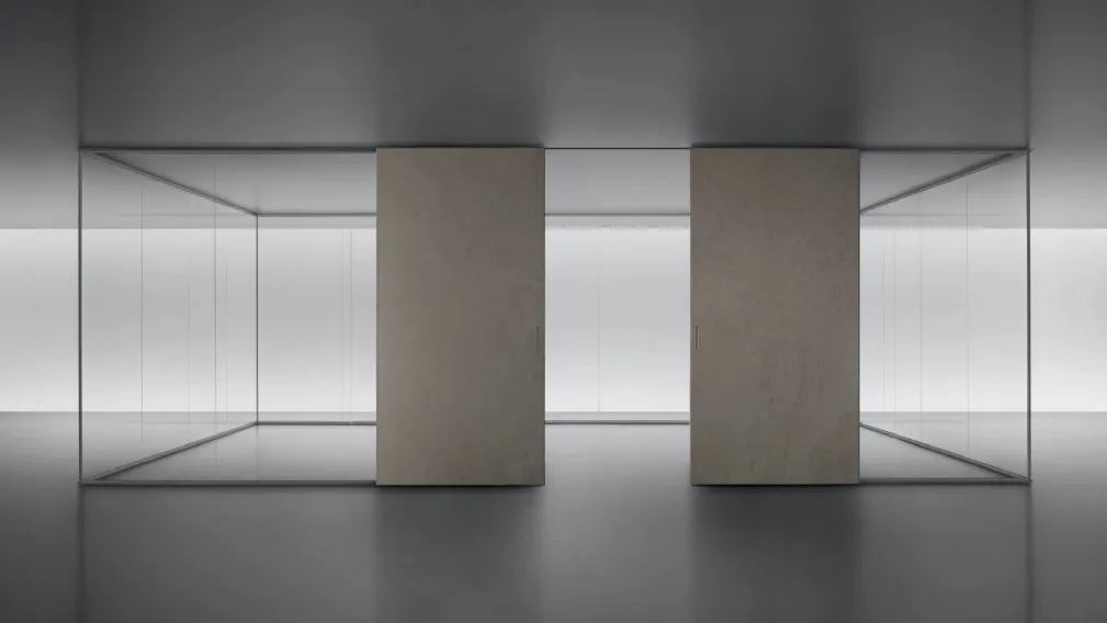Parete divisoria Spazio e Graphis Plus in vetro e Gres con struttura in alluminio finitura platino di Rimadesio